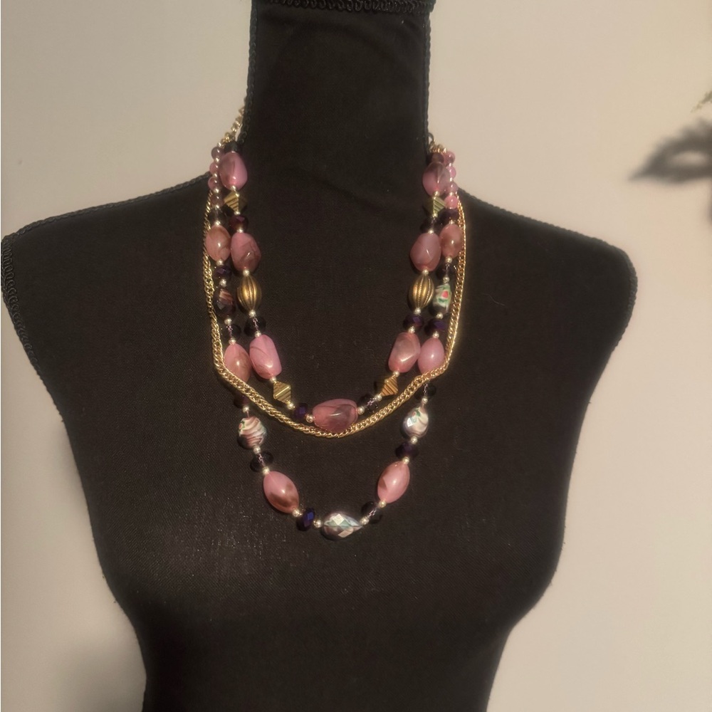 Multi-Strand Pink and Gold Beaded Statement Necklace